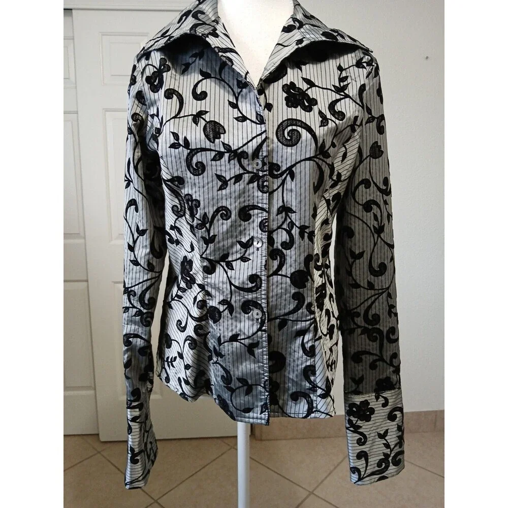 Farina Z Taghavi Blouse Shirt Gray Black Floral 10 Long Sleeve Button Office